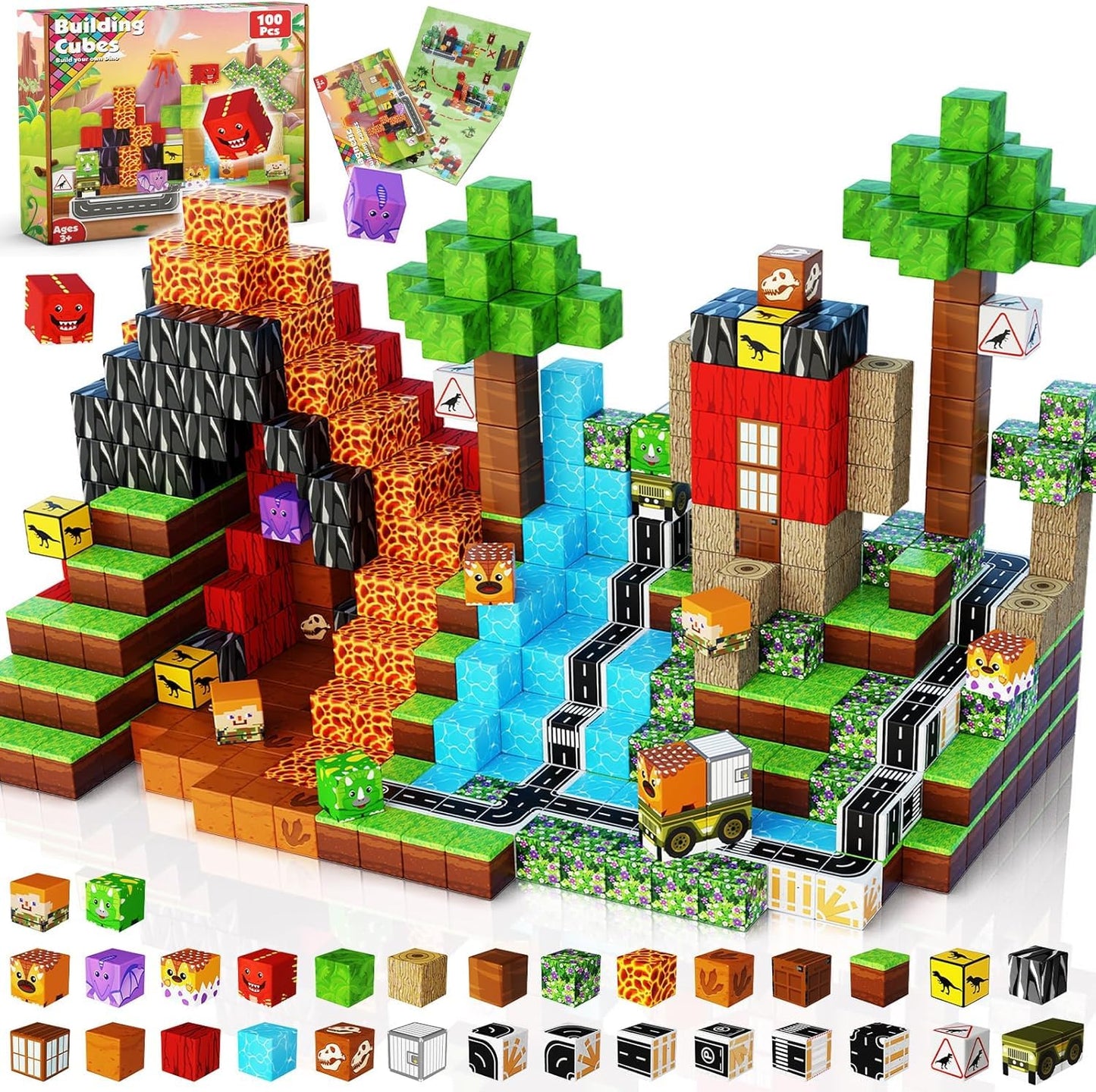 Magnetic building blocks, 100 pieces magnetic building blocks for kids - creative 3D toy with dinosaurs, volcano & natural landscape | Toys for boys aged 5 6 7 8 9 years Building toys for boys aged 3+ years
