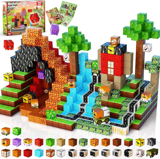 Magnetic building blocks, 100 pieces magnetic building blocks for kids - creative 3D toy with dinosaurs, volcano & natural landscape | Toys for boys aged 5 6 7 8 9 years Building toys for boys aged 3+ years