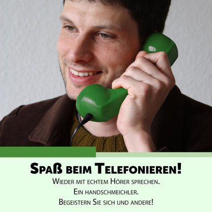 Description 60s Micro: Retro telephone handset for mobile with USB-C adapter as retro headset for Android Smartphone and for iPhone 15 and newer in Green.