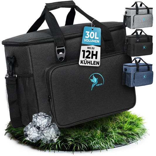 Obic's large cool bag 30L black thermos bag for food at work - insulated bag for men & women - cool bag meal prep large on the go - freezer bag foldable with compartments for car, beach