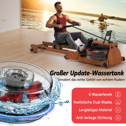 Wenoker Home Water Rowing Machine made of solid wood, foldable rowing machine with Bluetooth display, high-quality wood construction, double slide rails, max weight capacity of 150kg.