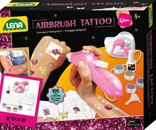 Lena 42443 - Airbrush Tattoo Studio with 100 stencils and 4 glitter colors, spray kit for sparkling tattoos on the skin, spray pen station for colorful kids' tattoos, tattoo set for children aged 8 and up.