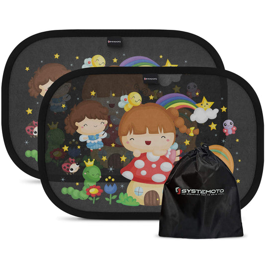 Systemoto Baby Car Sun Shades with Certified UV Protection (2 Pack) - Self-Adhesive Sunshades for Children with cute Animal Designs (Fairy Tales)
