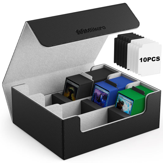 Mlikero card storage box holds 1800+ cards, magnetic deck box fits MTG and sports cards, premium Commander deck box with 10 compatible card dividers.