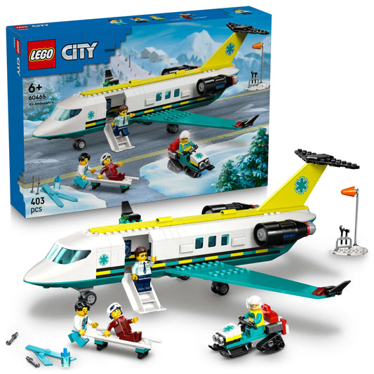 LEGO City Emergency Rescue Plane – set with airplane, snowmobile, and 4 minifigures: paramedic, pilot, doctor, and skier – great gift for kids aged 6 and up – 60465