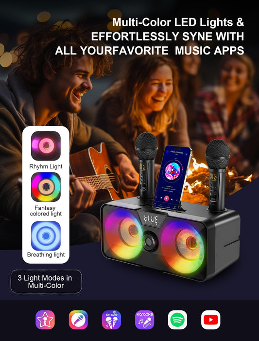 Karaoke machine for adults and kids with 2 wireless microphones, portable Bluetooth singing PA speaker system with LED lights for home parties, weddings, churches, birthday gifts.