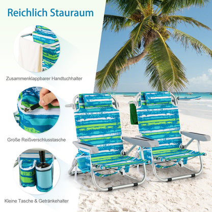 COSTWAY beach chairs foldable light, set of 2, camping chairs with adjustable backrest, headrest, side pockets, shoulder straps, towel holder & armrests, folding chairs, outdoor chairs