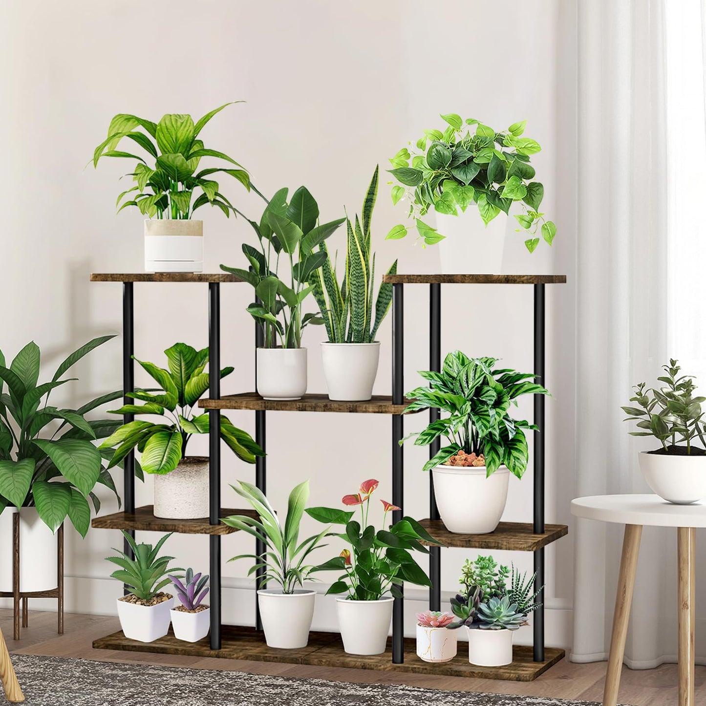 YOCOMEY Wooden Flower Shelf Plant Stand, Multi-Tier Flower Stand Plant Stand Flower Step Plant Step Standing Shelf for Indoor Garden Balcony Decoration (4 Tier 10 Pots, Black), (US-YO20230722-011)