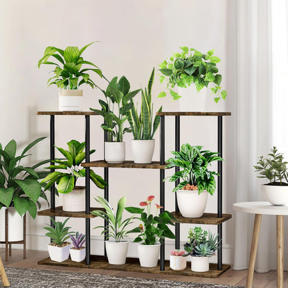 YOCOMEY Wooden Flower Shelf Plant Stand, Multi-Tier Flower Stand Plant Stand Flower Step Plant Step Standing Shelf for Indoor Garden Balcony Decoration (4 Tier 10 Pots, Black), (US-YO20230722-011)