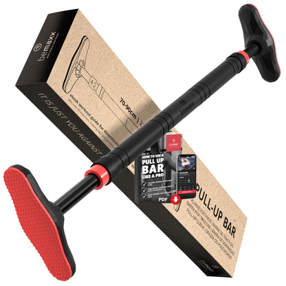 BeMaxx pull-up bar for door frame without screws/drilling + training eBook. Professional door pull-up dip bar with padded handles. Hang in door at home for fitness workout.
