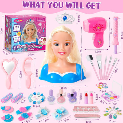 52PCS Makeup Doll Styling Head Kids Mannequin Head with Crown Hairdryer Straightener Hairpins Makeup Hair Styling Accessories Hairdressing Children's Makeup Toy Gift for Girls aged 3 4 5 6 years
