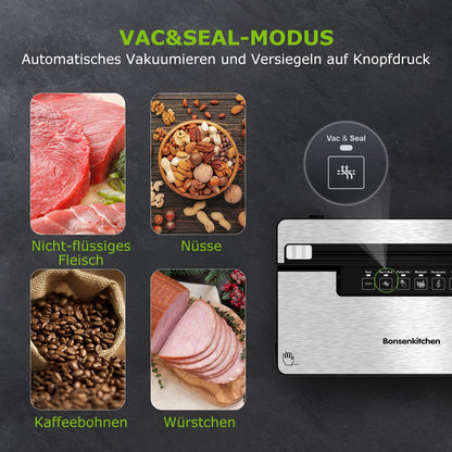 Bonsenkitchen Vacuum Sealer, Strong Vacuum Sealer with 5 Modes, 8 L/Min, Globefish Technology for Continuous High-Speed Operation, Includes 100 Vacuum Bags and 1 Roll Bag.