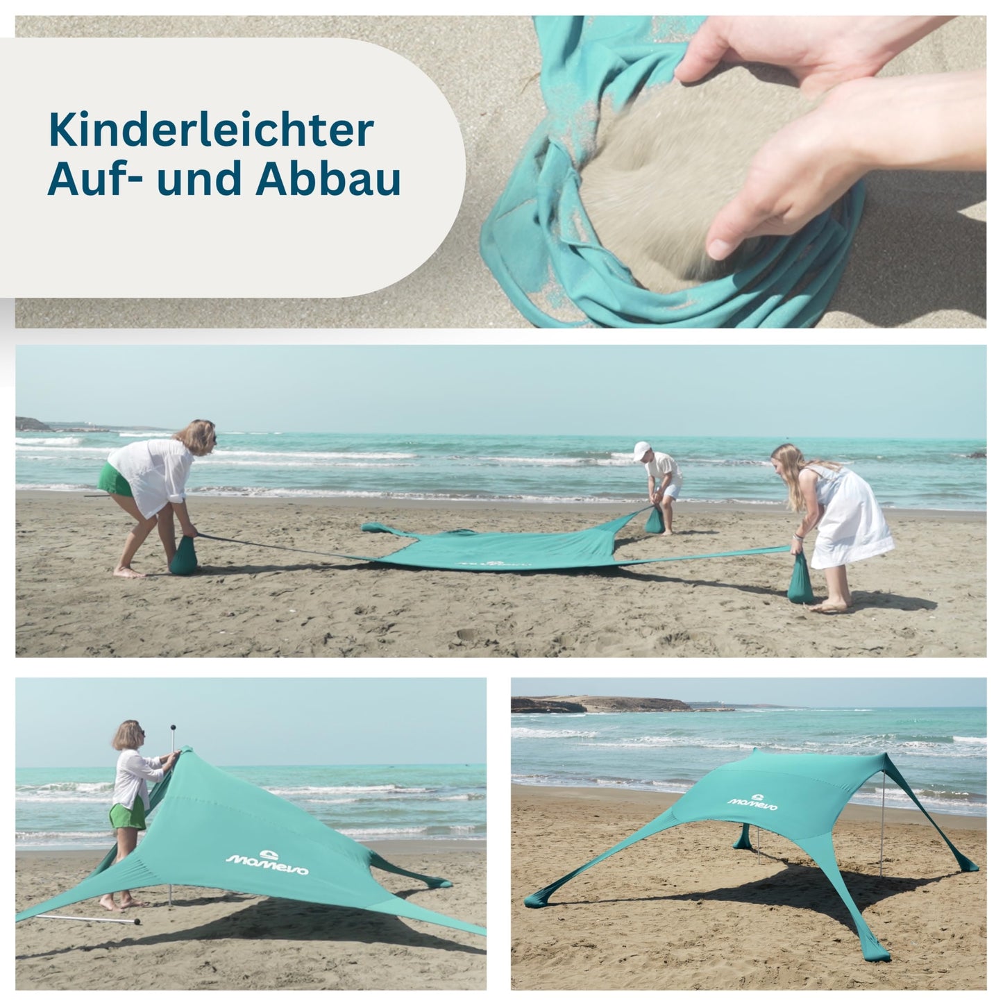 MOMEVO - Sunsail Young Family Beach Tent - Sunshade Beach with certified UV protection UPF50+ (Up to 4 people, Aqua)