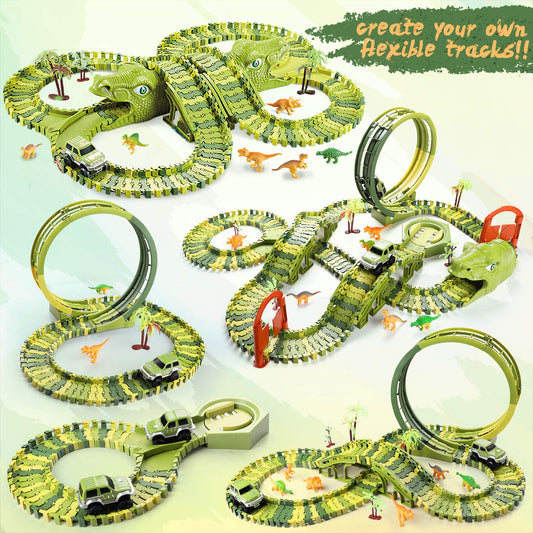 Burgkidz Dinosaur Race Track Play Vehicles Toy Set, 387 Pieces of Flexible Dino Tracks with 360 Loop and Car Turntable Playset, 2 Race Cars, Gift for Kids 3+ years old.