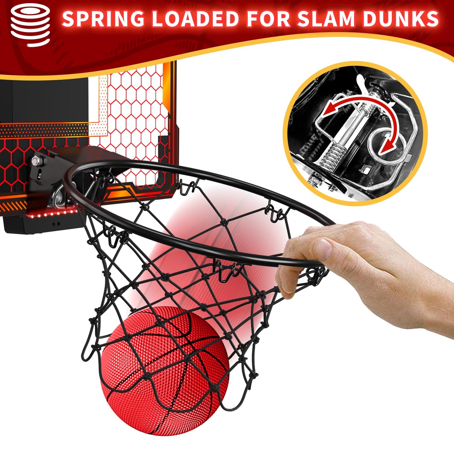 HYES Mini Basketball Hoop with 7 Lights for Kids, 3 Modes, Electronic Scoreboard, 3 Balls, Pump, Indoor Outdoor Sports Toy, Red