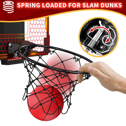 HYES Mini Basketball Hoop with 7 Lights for Kids, 3 Modes, Electronic Scoreboard, 3 Balls, Pump, Indoor Outdoor Sports Toy, Red
