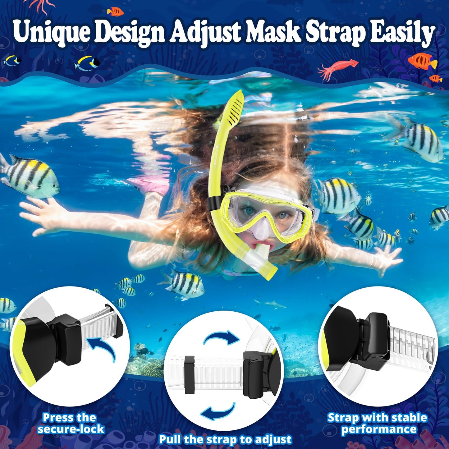UPhitnis Kids Snorkel Set - Anti-Fog Dive Mask and Dry Snorkel - Leak-proof Dive Mask with Dry Snorkel - Snorkeling Gear for Boys Girls - Pink, Blue, Black, Yellow