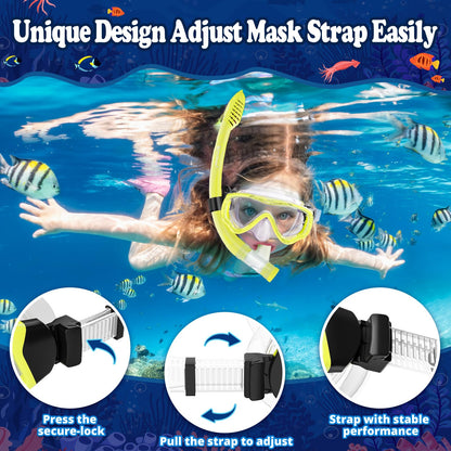 UPhitnis Kids Snorkel Set - Anti-Fog Dive Mask and Dry Snorkel - Leak-proof Dive Mask with Dry Snorkel - Snorkeling Gear for Boys Girls - Pink, Blue, Black, Yellow