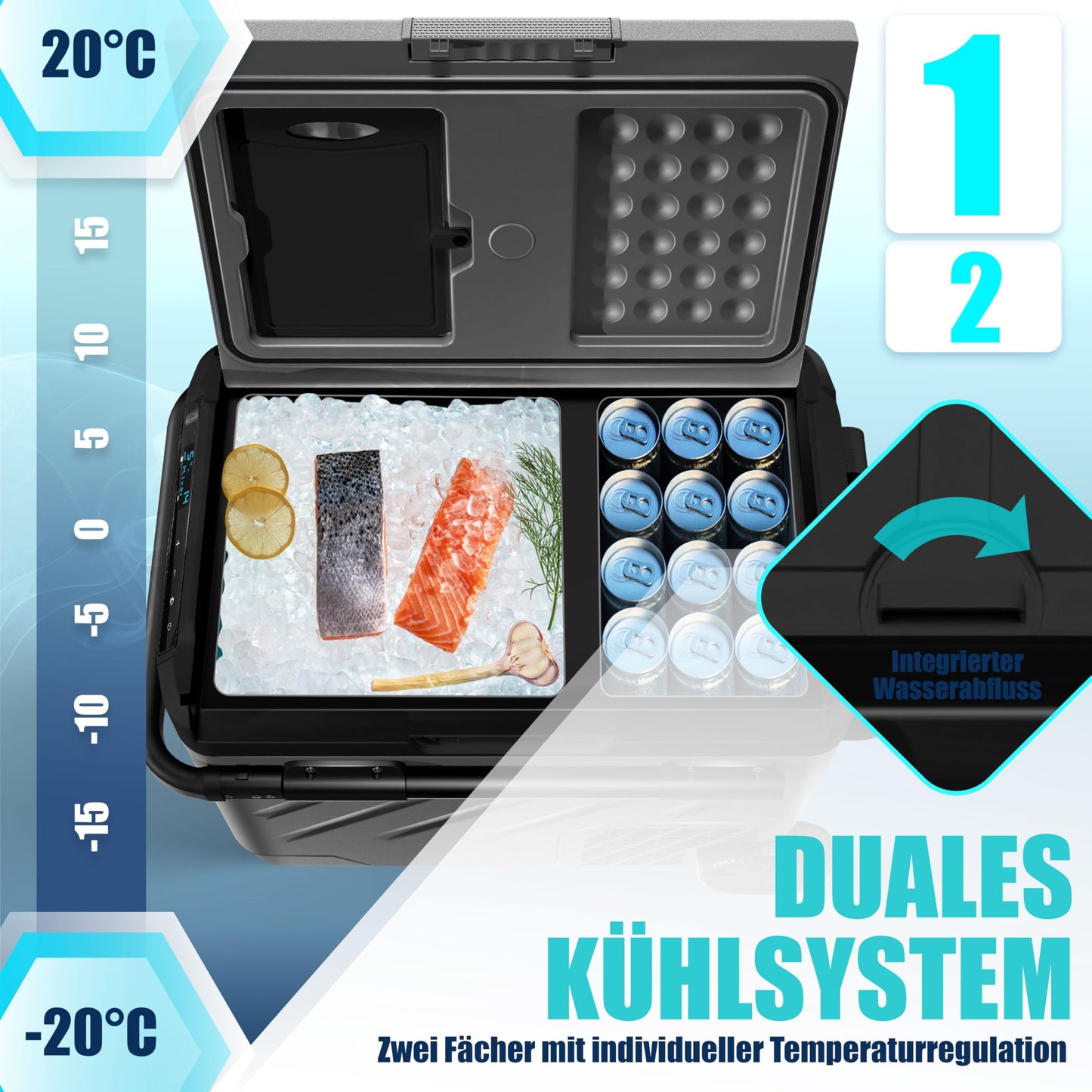 KESSER® Compressor Cooler Box electric 61 liters | Camping Freezer with LED touch | With APP control & Cooling packs USB connection 12/24 V 230V | Fridge cooling up to -20°C for car truck anthracite black