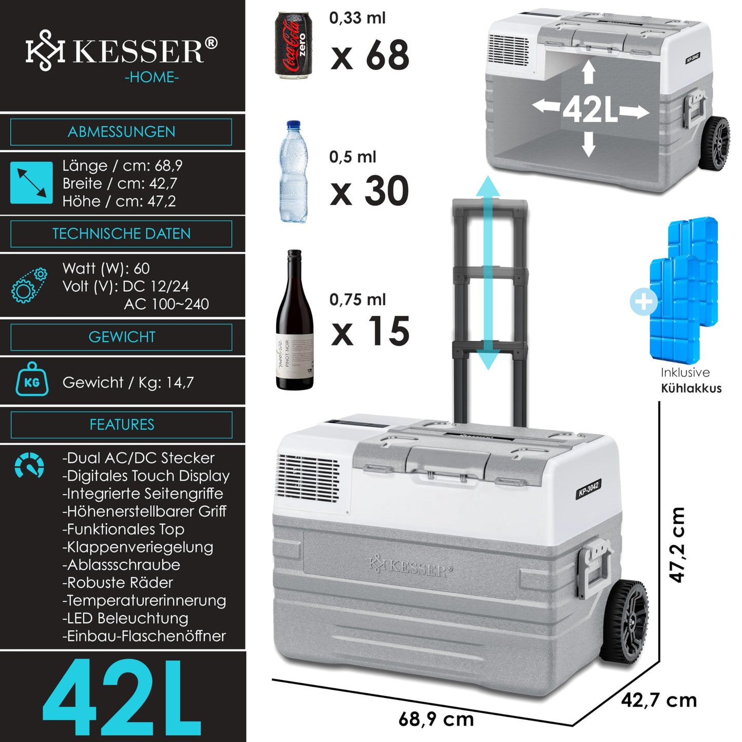 KESSER® compressor cooler box electric freezer box, 42 liters with app control USB port 12/24 V 230V, +telescopic handle, 2x cooler box wheels refrigerator cooling up to -20 °C for car, truck, boat + cooler pack