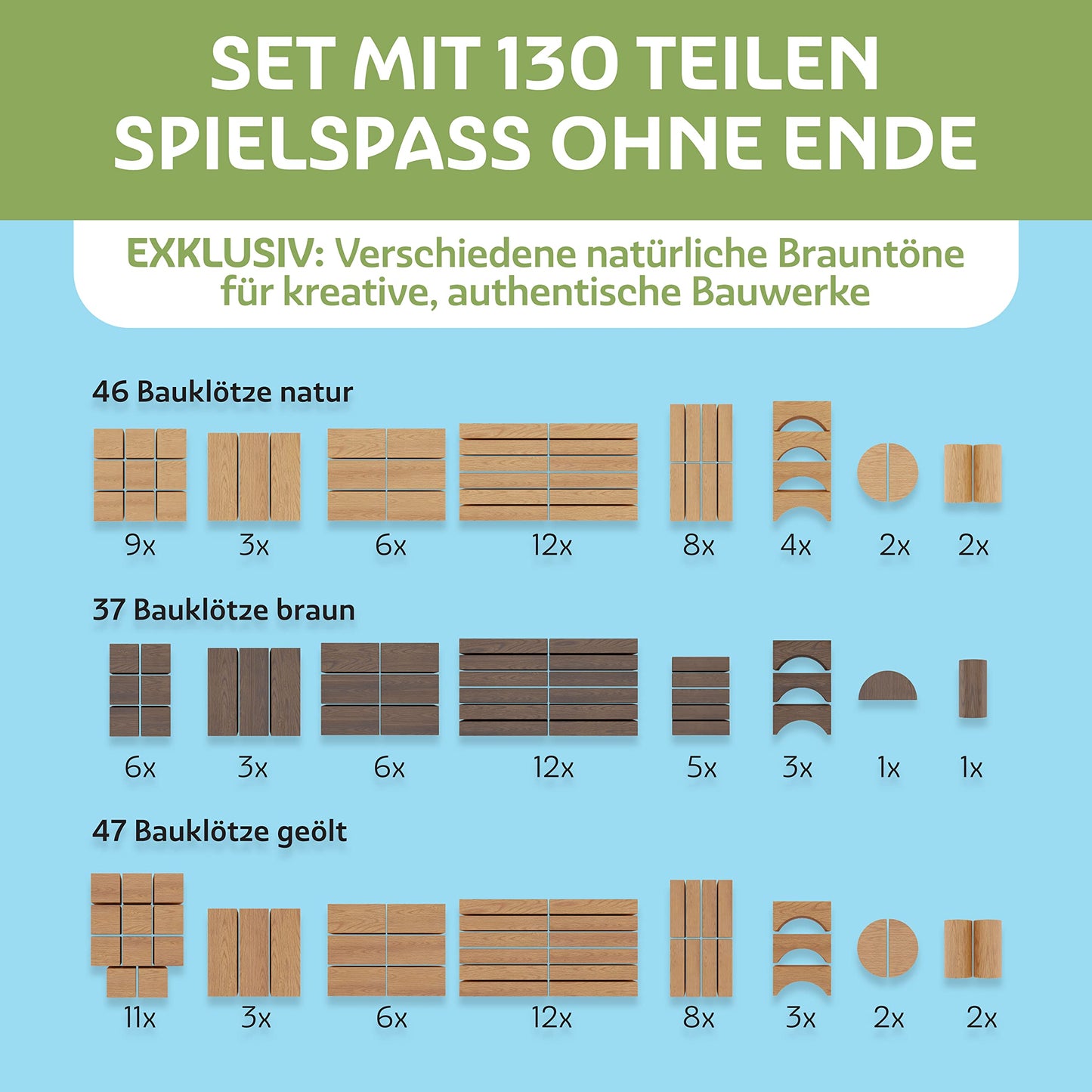 LISA & MAX Premium Wooden Building Blocks (130 pieces) from 1 year - 100% natural, Made in EU, made from FSC®-certified wood - Building blocks for children - Nature - Wooden Baby Building Blocks