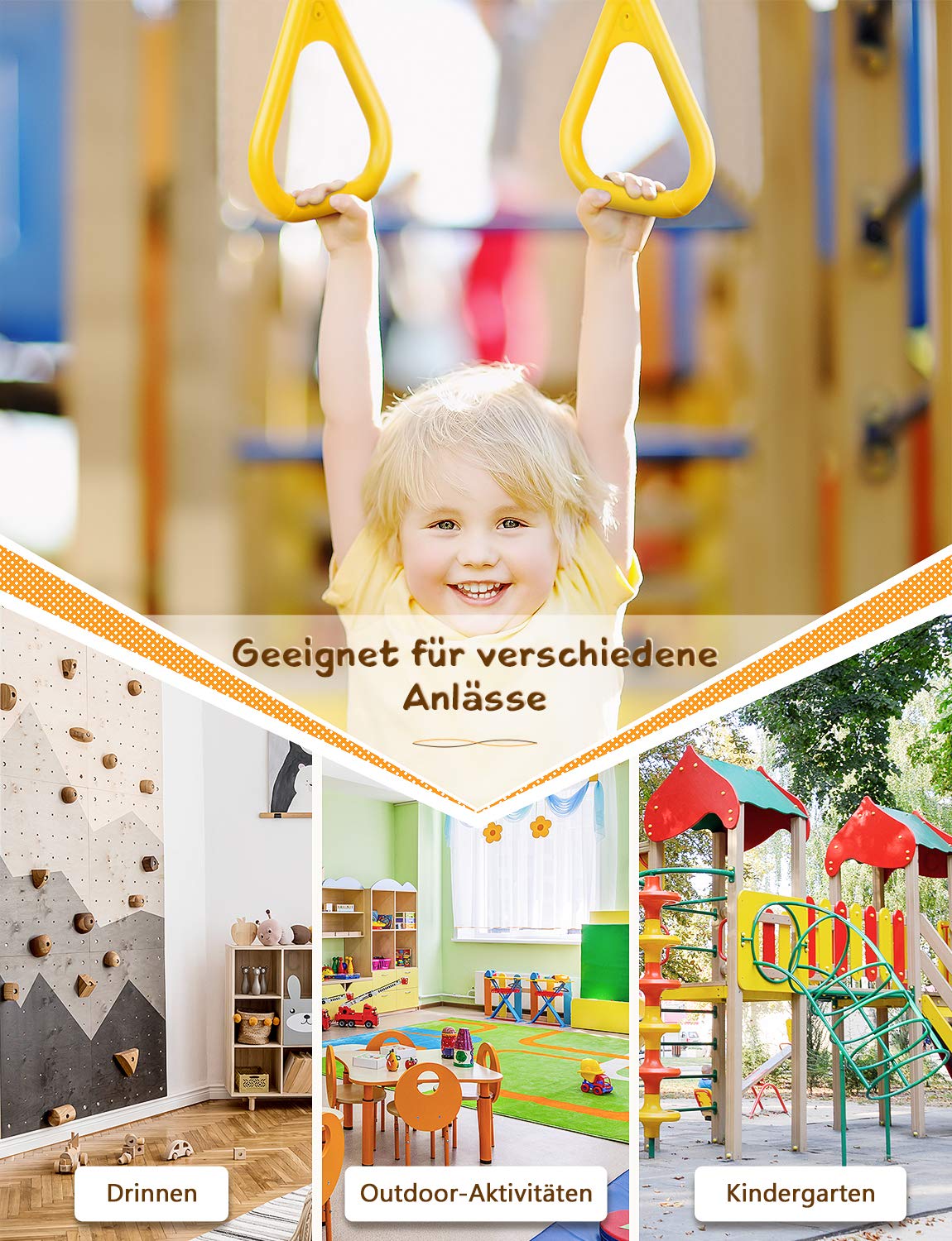 GHB Swing Trapeze Swing Swing Kids with plastic gymnastic rings for kids outdoor hanging capacity up to 120KG Yellow