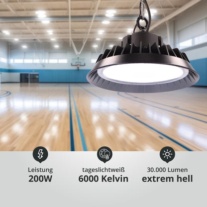 200W LED high bay warehouse luminaire with PREMIUM brand driver dimmable (1-10V) daylight white 6000K 30,000lm 150lm/W 120° IP65 UFO industrial lamp workshop lighting Ø324xH136mm 5-year warranty