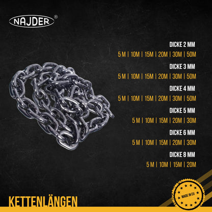 NAJDER stainless steel chain 5m, stainless chain, safety chain, chain for hanging chairs, barrier chains, Max 1180kg, 5mm x 5m, DIN 766, Thickness 5mm, Stainless Steel A4, Inox, AISI 316, Premium Quality