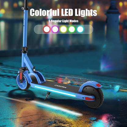 Caroma electric scooter for kids aged 6-14, 180W motor, 16 km/h, 60 min ride time, Adjustable speed & height, Colorful lights, LED display, Foldable kids electric scooter.