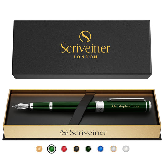 Scriveiner British Racing Green Personalized Pen - Stunning Green Lacquer Luxury, Chrome Finish, German Schmidt Nib (Medium), Best Engraved Fountain Pen Gift Set, Name Engraving
