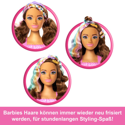 Barbie Styling Head with dark brown hair comes with over 20 styling accessories including stars, butterflies, and color-changing hair clips, JFG82.