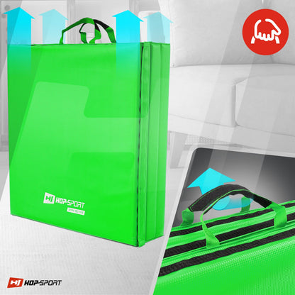 Hop-Sport folding gymnastics mat - ground cushion for home 180x60x5cm - fitness mat, gymnastics mat with carrying handles and Velcro closure thickness 4cm / 5cm (green)