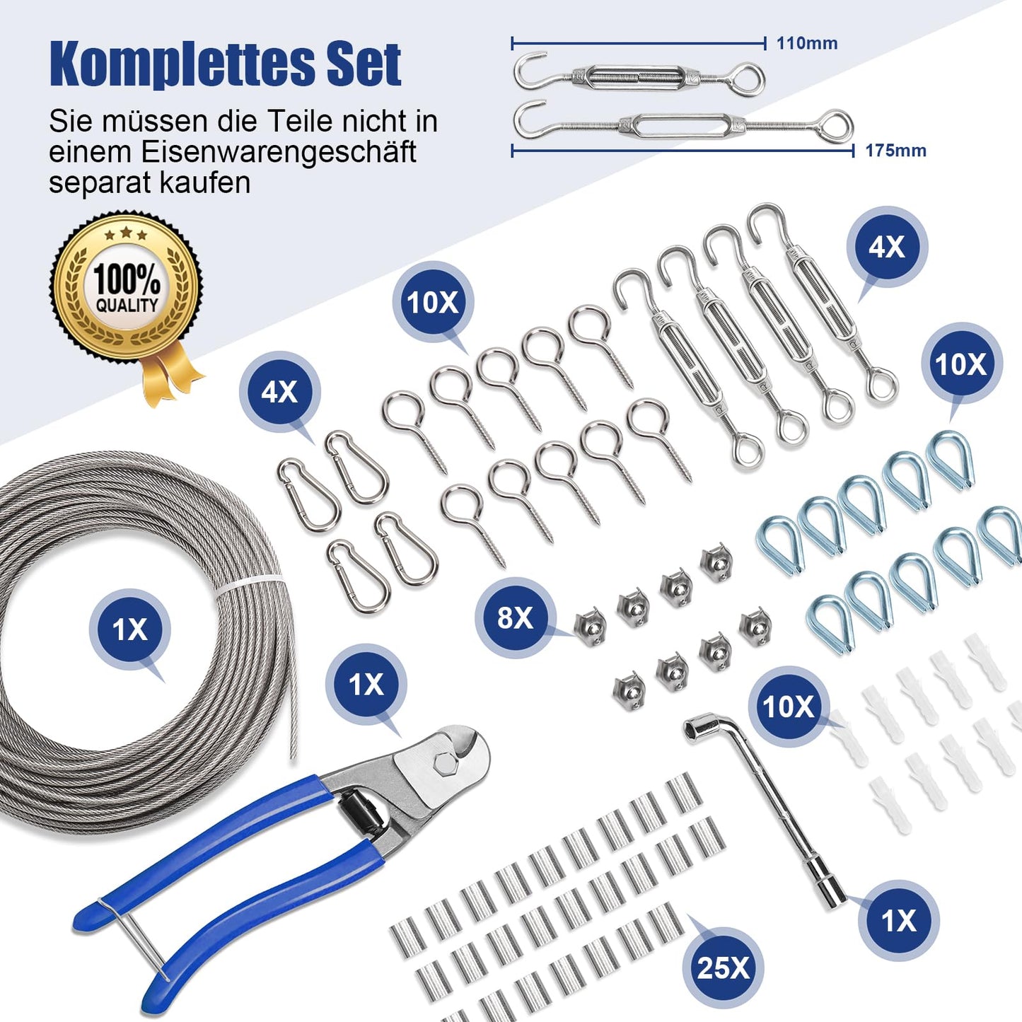 Angooni 74 pcs Steel Cable Kit, 35m Thickened 3mm Stainless Steel Wire Rope, Turnbuckle, Tension Wire Cable Tensioner 304 Stainless Steel Kit, Trellis for Climbing Plants, Curtain Wire, Fence…