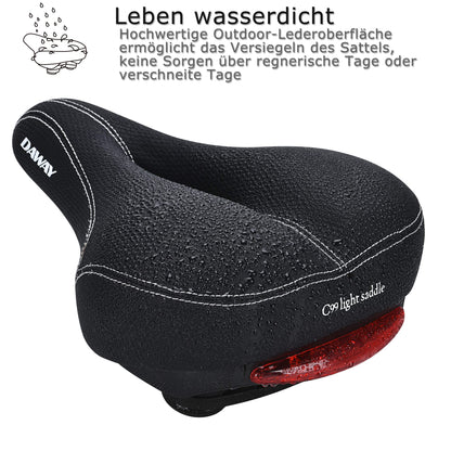 DAWAY C99 Bike Saddle for Women & Men - Comfortable, wide MTB saddle made of high-quality leather with integrated taillight, dual suspension and soft memory foam, compatible with most bikes.