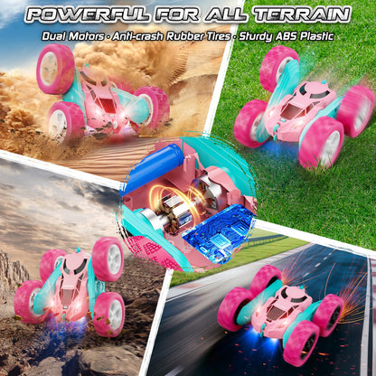 Cosone Remote Control Car for Girls, All-wheel Off-road Stunt RC Car with Headlights, Double-sided 360° Rotating Toy, Gifts for Kids 6+ (Pink)