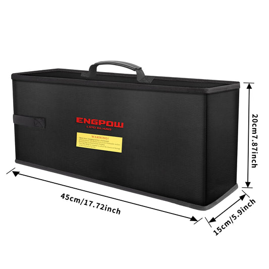 Ebike battery bag, fireproof up to 2000°F, organizer 45 x 15 x 20 cm, shockproof safety storage and transport for e-bike battery with Velcro and buckle.