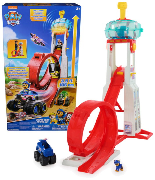 PAW Patrol Rescue Wheels - Superloop Tower, extra large tower with launch ramp and loop, light & sound effects, includes Chase monster truck and figure, toy for kids ages 3+