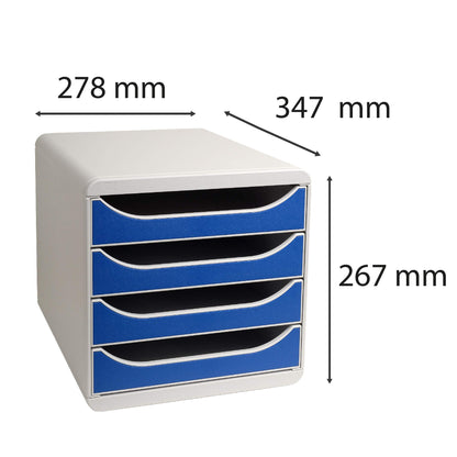 Exacompta 310003D Premium filing box with 4 drawers for A4+ documents. Durable drawer box with high capacity for more space on the desk. Big Box Office Light Grey|Blue
