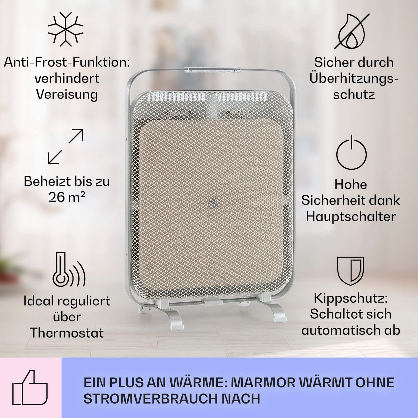 KLARSTEIN HeatPal - Electric heater, extra slim design, infrared heating, heating panel, 1300 W, up to 30 m², heat retention, marble plate - brushed aluminum