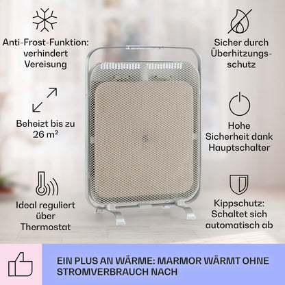 KLARSTEIN HeatPal - Electric heater, extra slim design, infrared heating, heating panel, 1300 W, up to 30 m², heat retention, marble plate - brushed aluminum