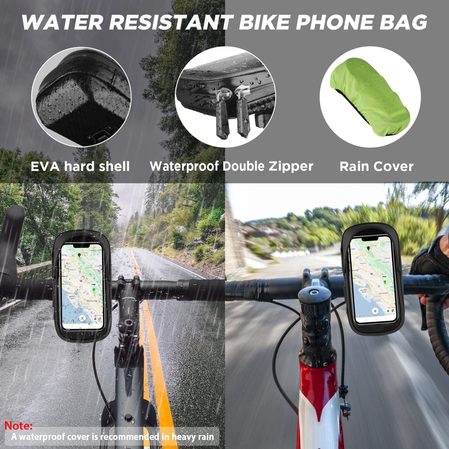 Waterproof bicycle phone mount with 360° rotatable design fits 4.7-7 inch smartphones. Includes rain cover for protection. Ideal for motorcycle or bike handlebars.