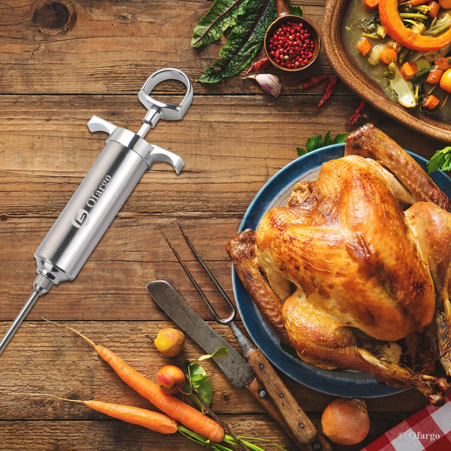 Ofargo Stainless Steel Meat Injector with 3 Marinade Injection Needles for charcoal grills, 59 ml capacity, includes instruction manual (may not be in German).