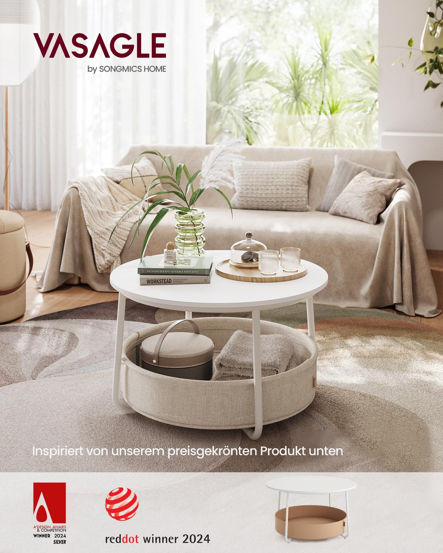 VASAGLE round coffee table with storage, side table, living room table with fabric basket, modern design, metal frame, matte white-camel brown LCT244W10