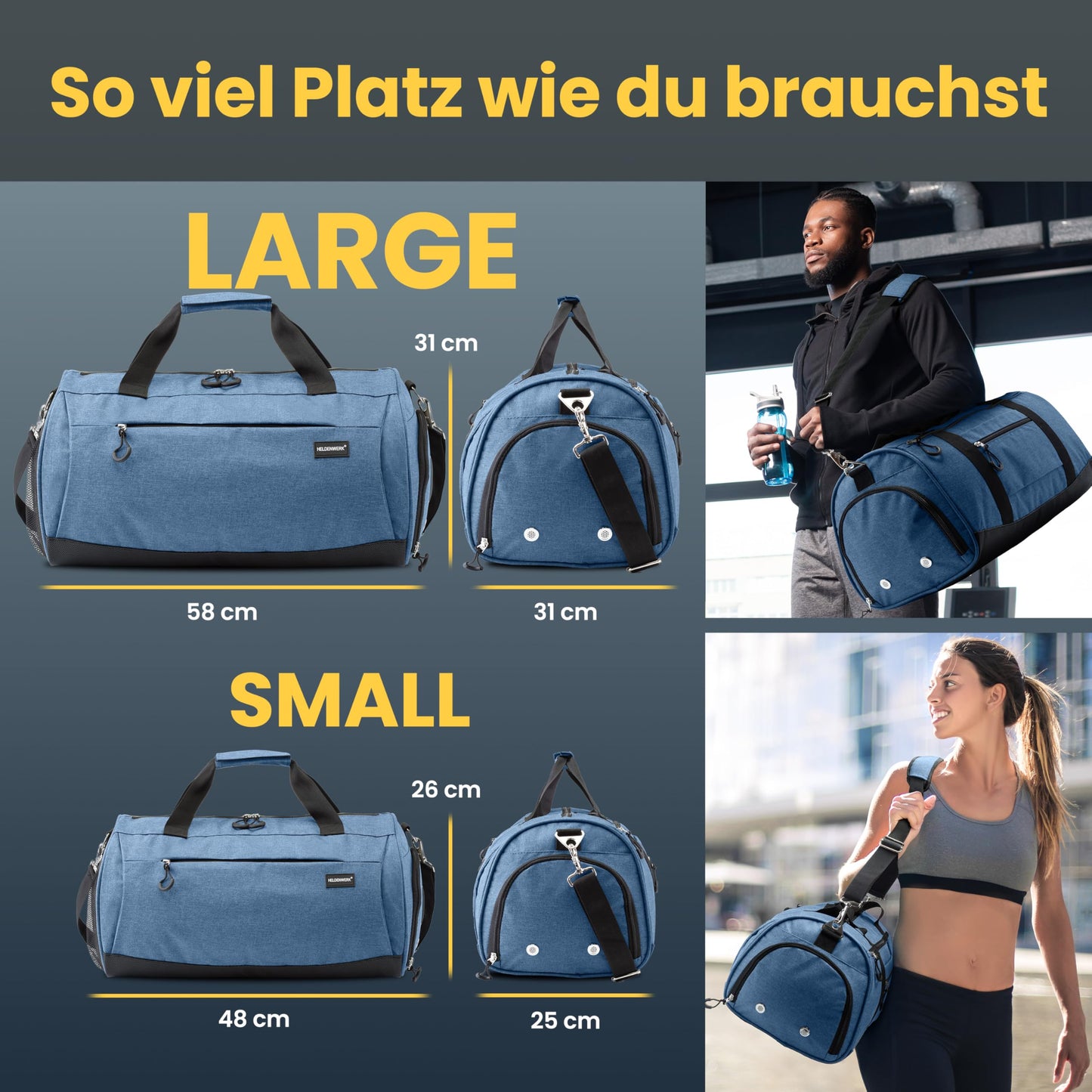 Heroic® sports bag & duffel bag for men and women small I training bag with shoe compartment and wet compartment I ideal as a travel carry-on, gym bag, fitness bag, training bag, sports bag.