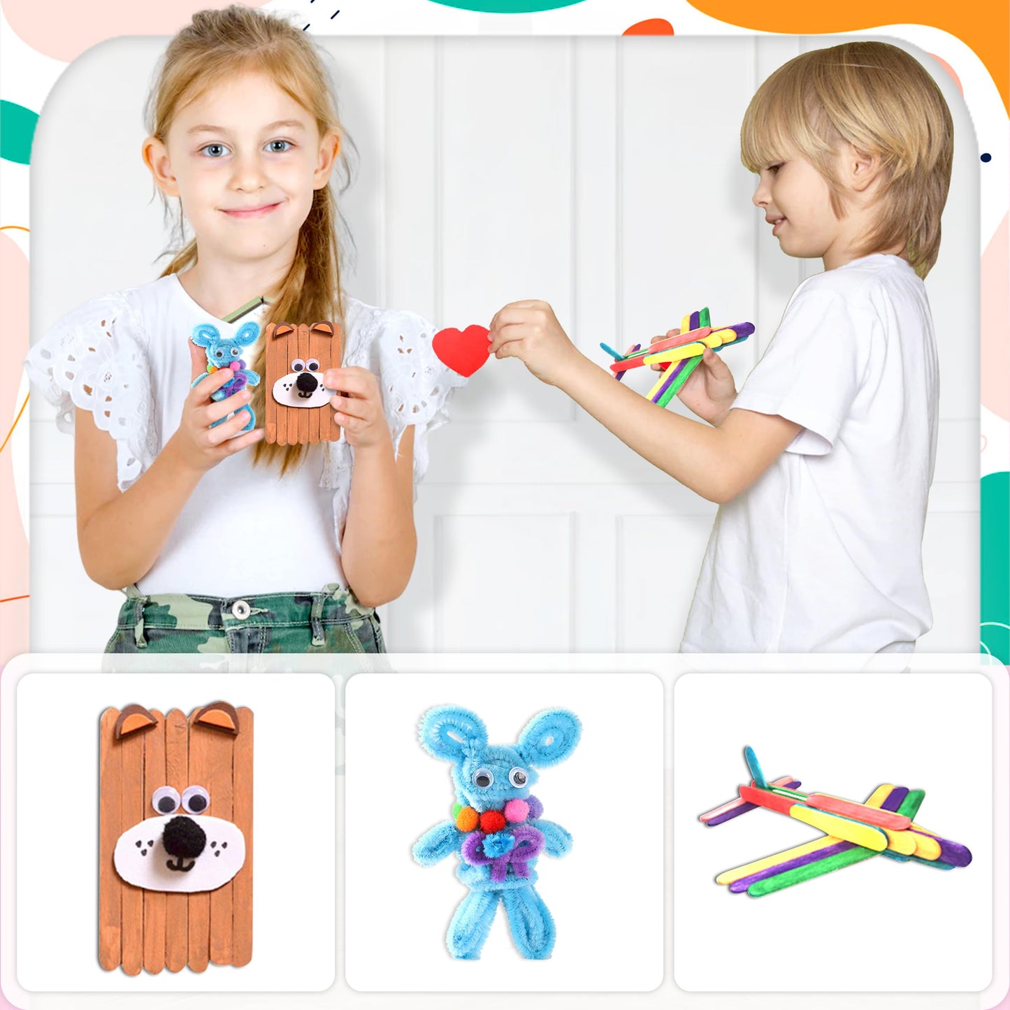LINAYE 3000+ pcs crafting set for kids includes pom poms, pipe cleaners, and scrapbooking materials. Perfect gift for boys and girls aged 4 to 10. Crafting essentials in a pink carrying case.