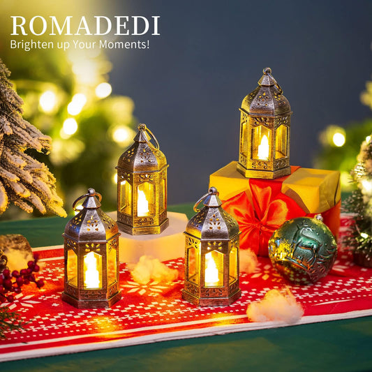 Romadedi 10-Piece Set Mini Lantern Decoration Silver - Table decoration small lantern for hanging, with LED candles for Halloween, Ramadan, garden, Christmas, wedding, balcony.