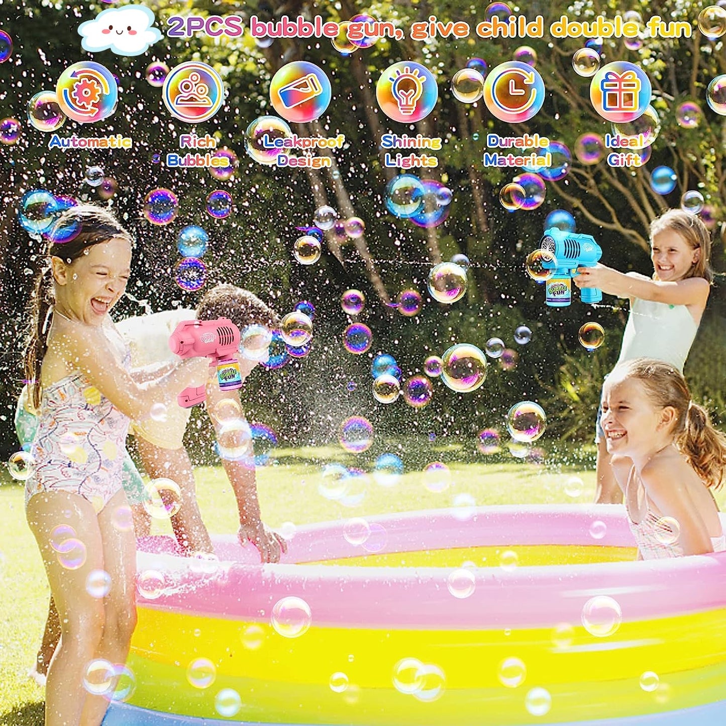 Bubble automatic bubble gun, bubble machine for children 10000+ bubbles/minute with 130ML bubble solution, bubble toy gift for kids/birthday/party (Blue+Pink)