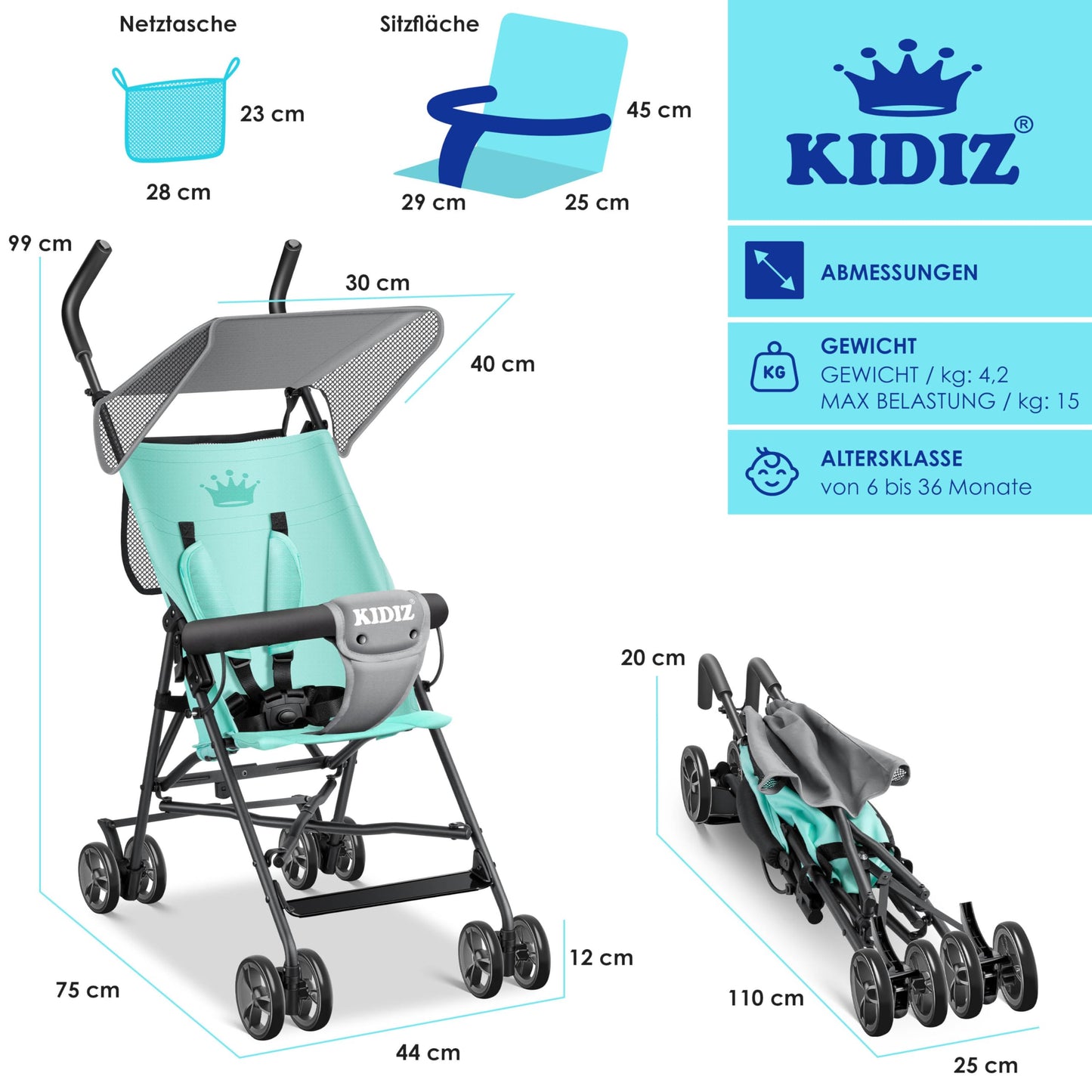 KIDIZ® City Buggy is a foldable sports stroller with 360° swivel 4-inch wheels, sun and rain covers, and a 5-point safety harness. Suitable for kids over 6 months, in mint green.