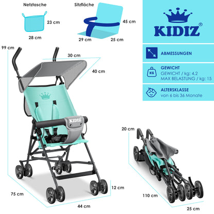 KIDIZ® City Buggy is a foldable sports stroller with 360° swivel 4-inch wheels, sun and rain covers, and a 5-point safety harness. Suitable for kids over 6 months, in mint green.