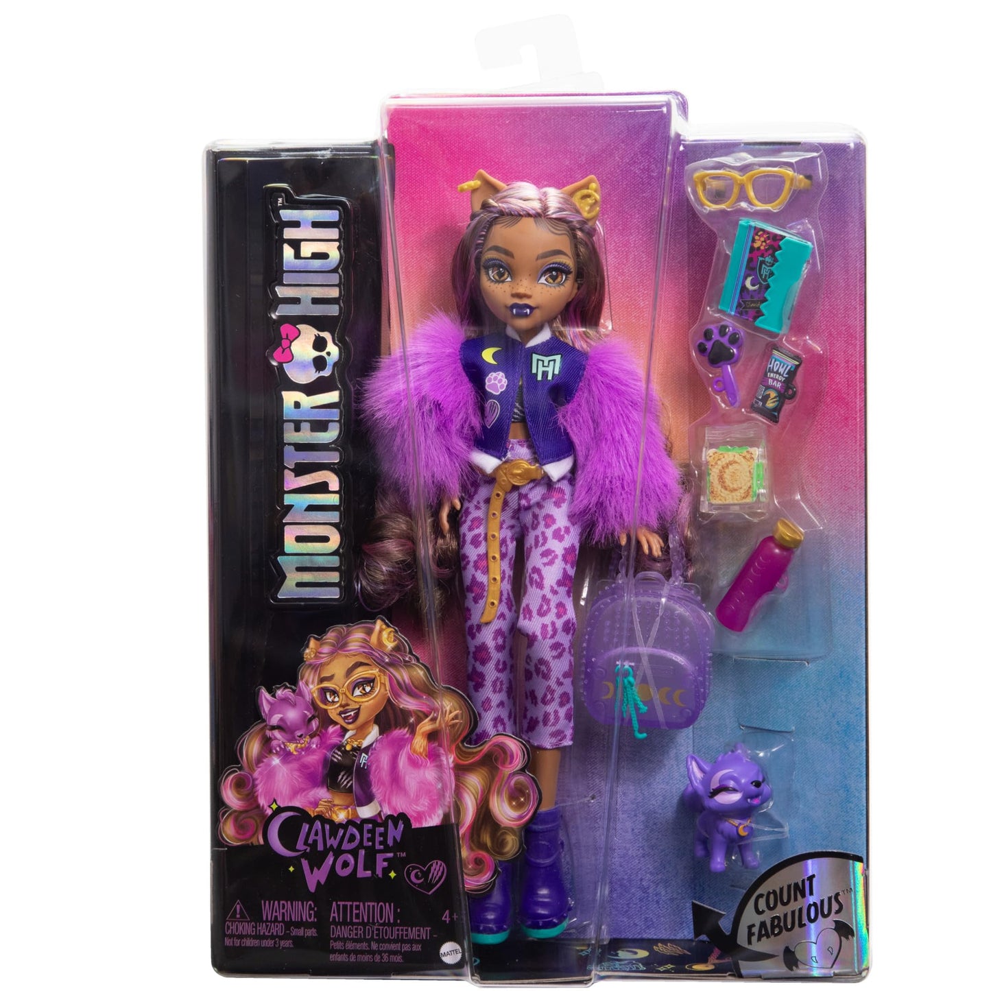 Monster High Clawdeen Wolf doll with pet dog Crescent and accessories like backpack, calendar, snacks, and more, HRP65